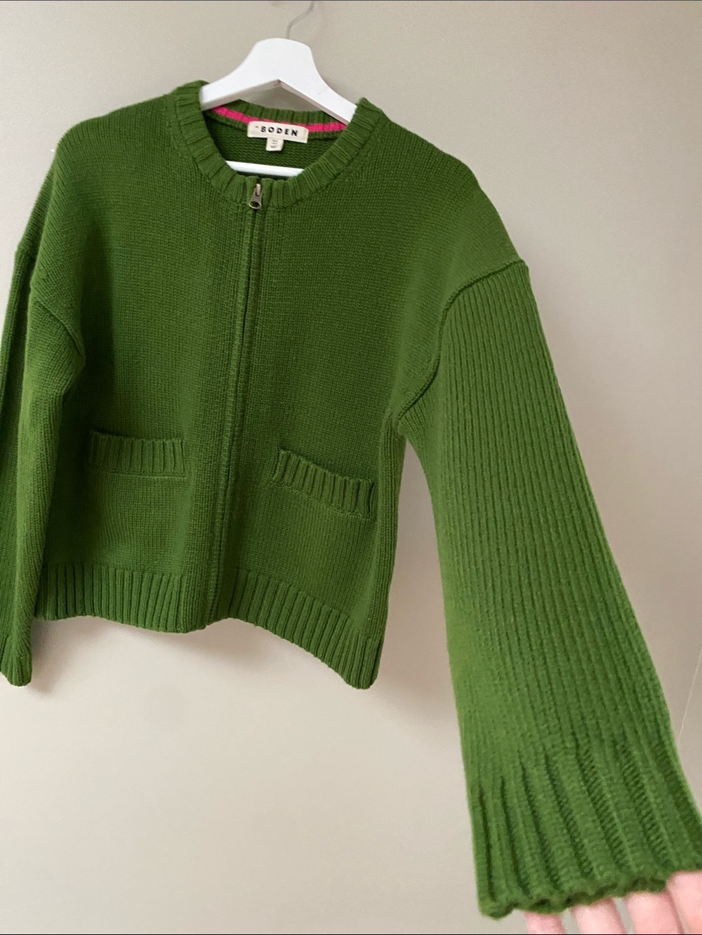 Boden Maya Zip Up Jacket  Olive Green Zip-Front Chunky Wool Knit Cardigan size 4 - Picture 3 of 6